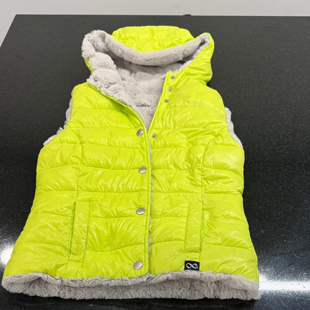 Blanc Noir Neon Yellow Reversible Puffer Vest with Faux Fur